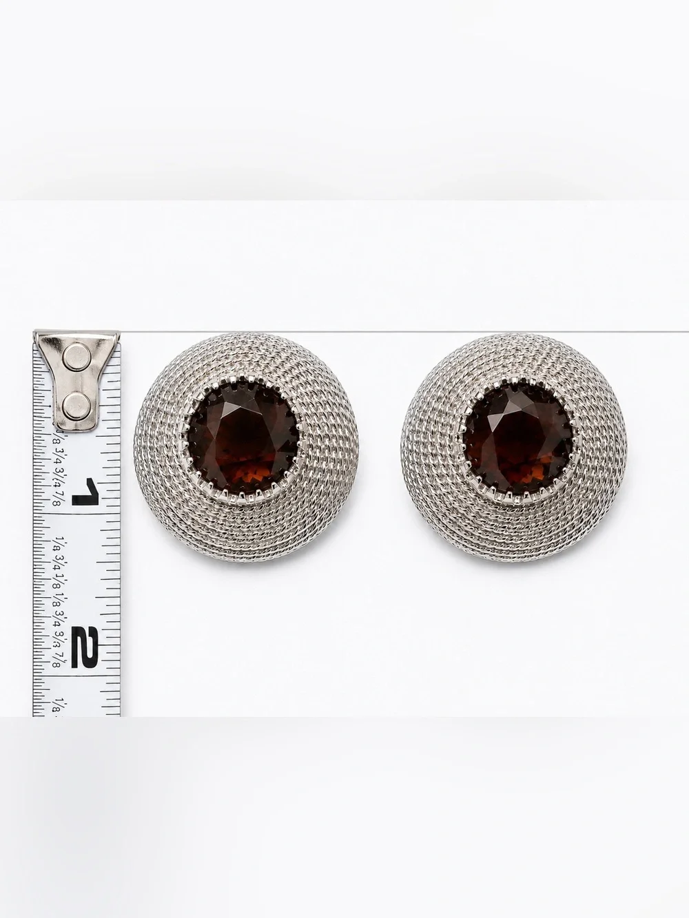 Vintage Silver Tone Clip On Earrings w/ Deep Amber Brown Glass‎ Cabochon
